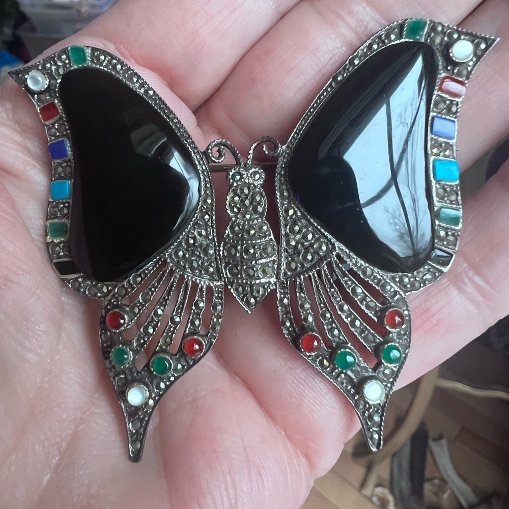 Vintage Stirling siver Black Onyx Butterfly Brooch signed 925